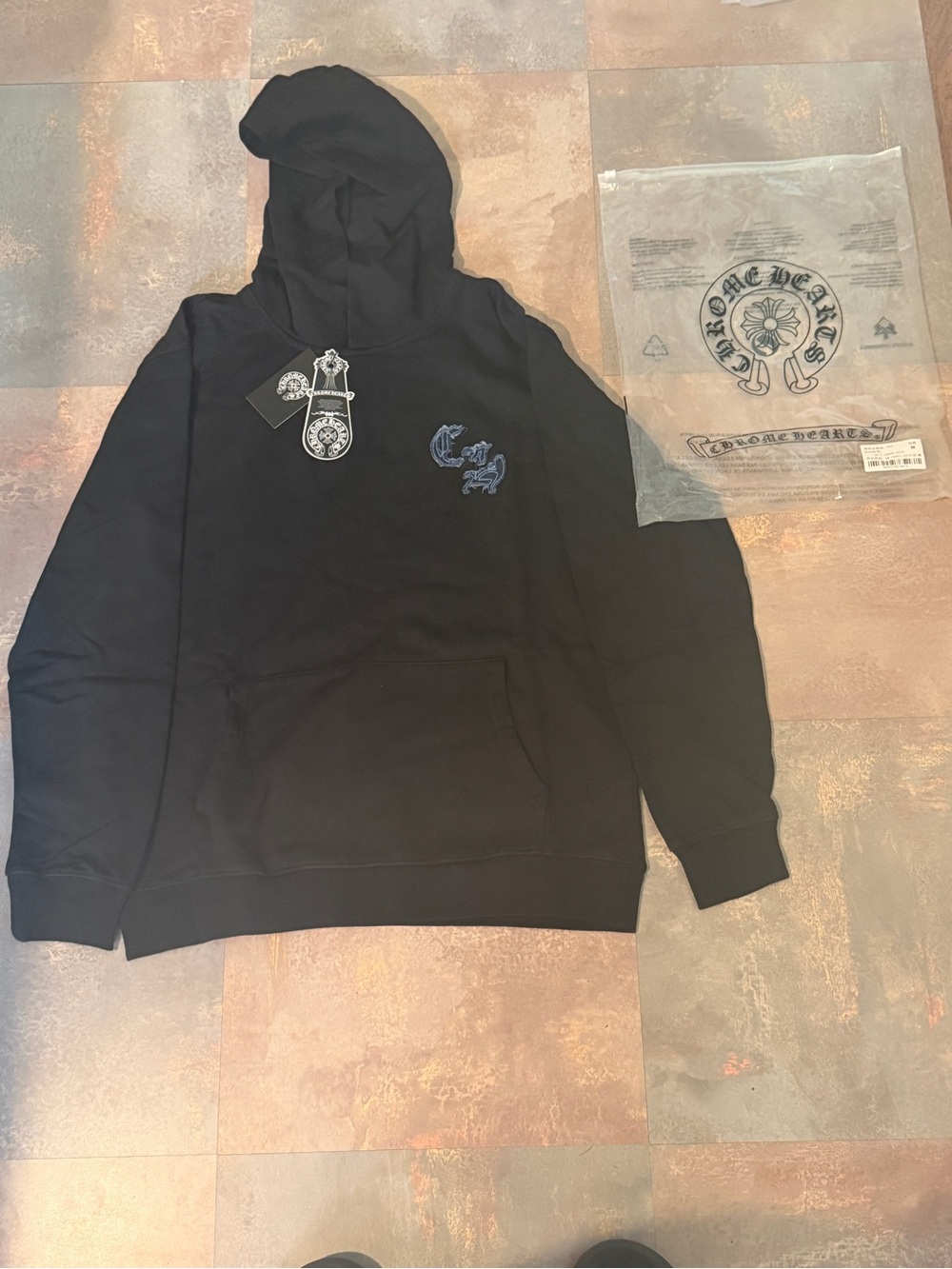 Chrome Hearts Black Hoodie with Blue Embroidered Chest Logo